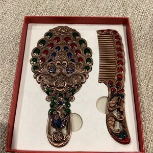 Maniya Peacock Rose Enameled Mirror & Comb Set Colored Faux Gems